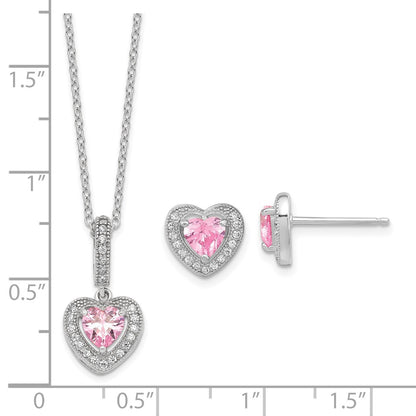 Sterling Silver Rhodium-Plated Polished Clear And Pink Cz Heart 18 Inch Necklace Post Earring Set