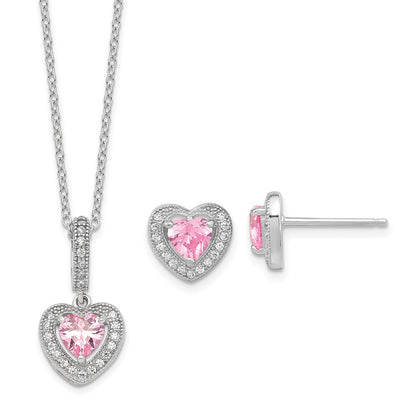 Sterling Silver Rhodium-Plated Polished Clear And Pink Cz Heart 18 Inch Necklace Post Earring Set