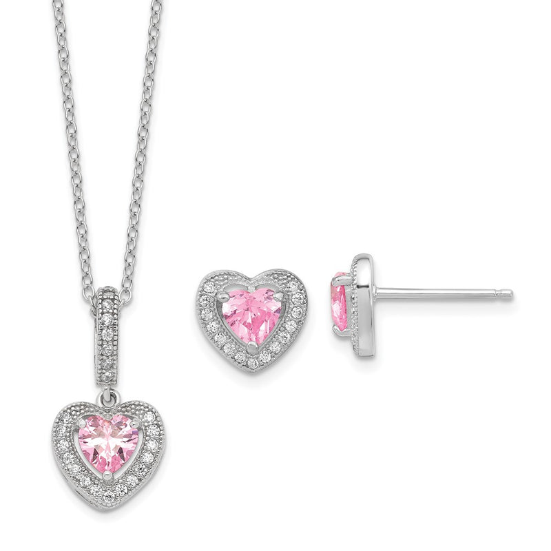 Sterling Silver Rhodium-Plated Polished Clear And Pink Cz Heart 18 Inch Necklace Post Earring Set