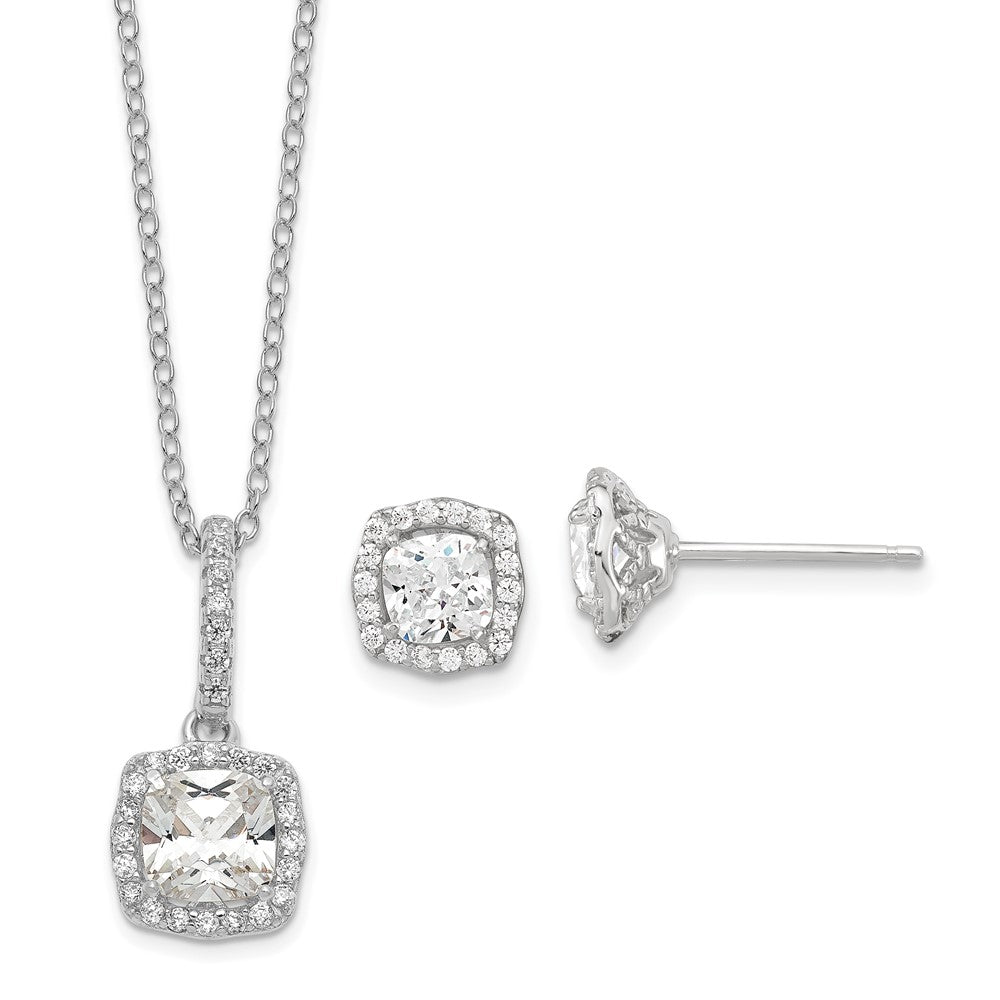Sterling Silver Polished Rhodium-Plated Cz 18In Necklace/Post Earrings Set