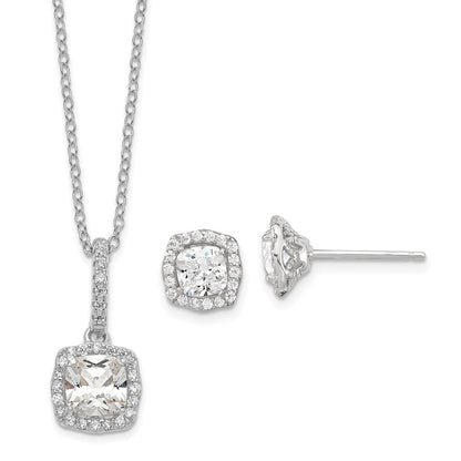 Sterling Silver Polished Rhodium-Plated Cz 18In Necklace/Post Earrings Set