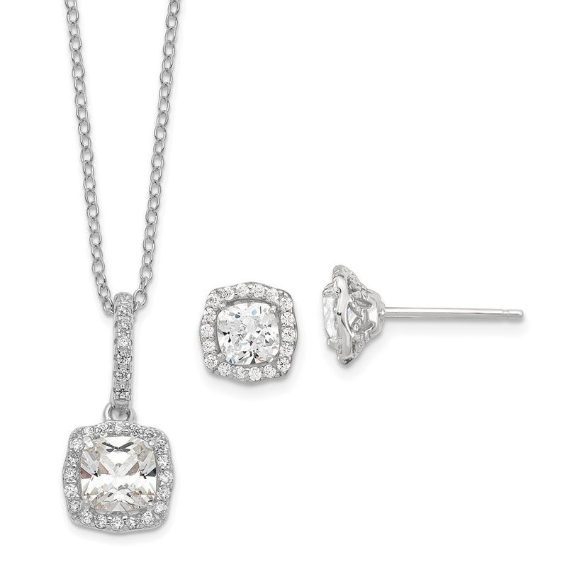 Sterling Silver Polished Rhodium-Plated Cz 18In Necklace/Post Earrings Set