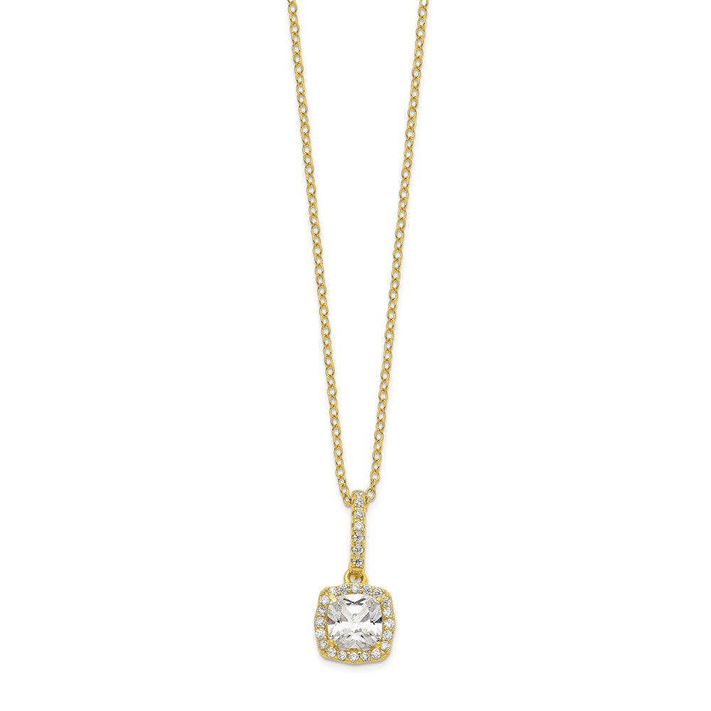 Sterling Silver Polished Gold-Tone Cz 18In Necklace/Post Earrings Set