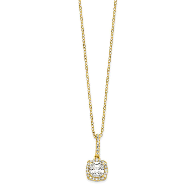 Sterling Silver Polished Gold-Tone Cz 18In Necklace/Post Earrings Set