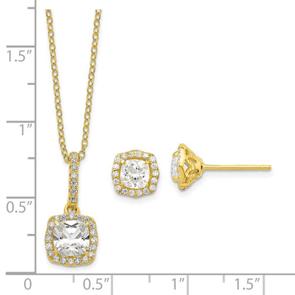 Sterling Silver Polished Gold-Tone Cz 18In Necklace/Post Earrings Set