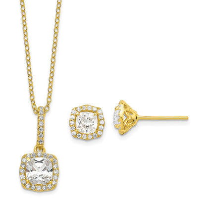 Sterling Silver Polished Gold-Tone Cz 18In Necklace/Post Earrings Set