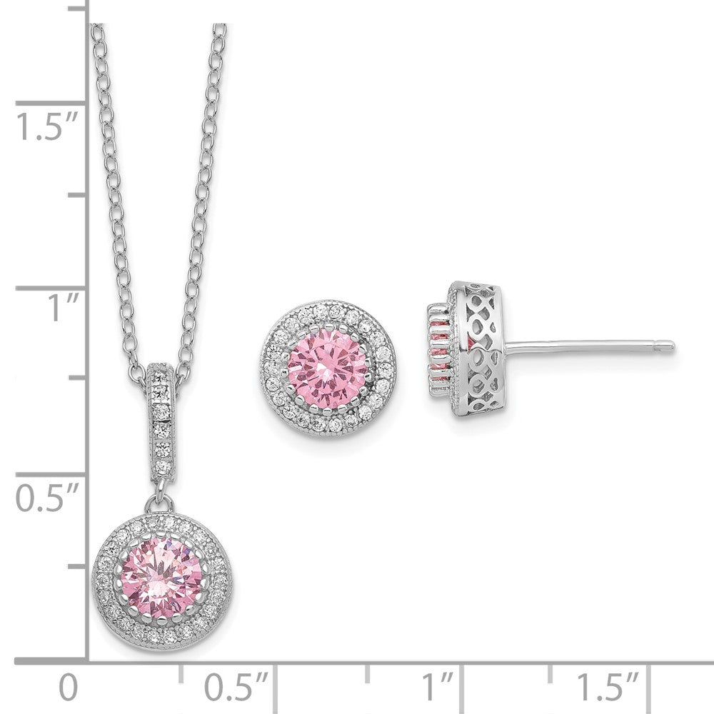 Sterling Silver Polished Rhodium-Plated Cz 18In Necklace/Post Earrings Set