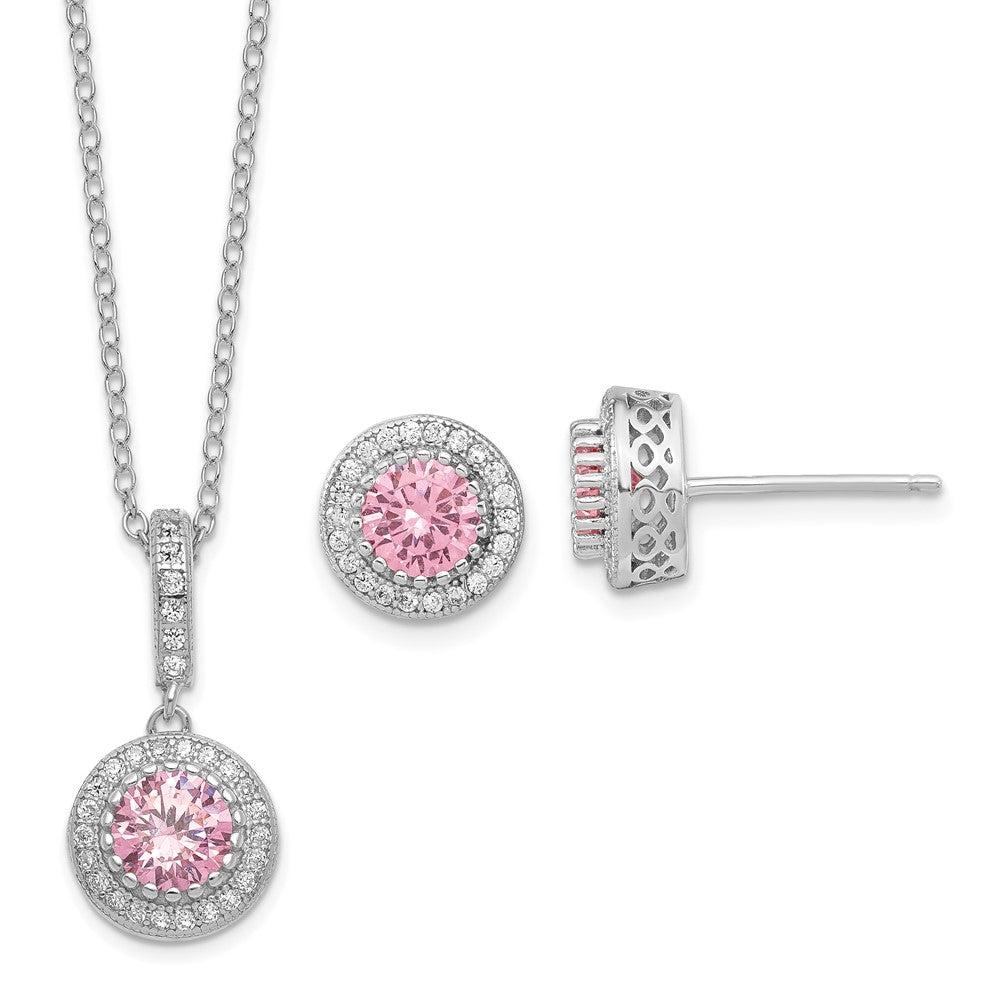 Sterling Silver Polished Rhodium-Plated Cz 18In Necklace/Post Earrings Set