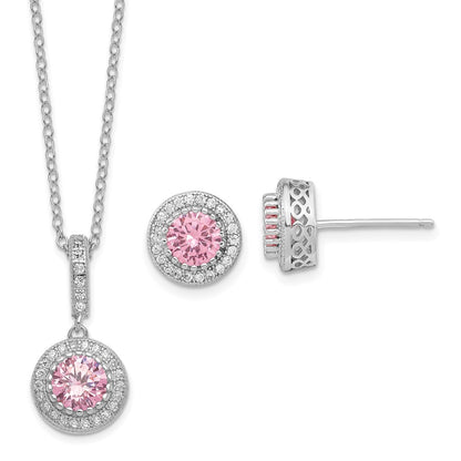 Sterling Silver Polished Rhodium-Plated Cz 18In Necklace/Post Earrings Set