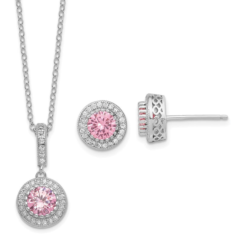 Sterling Silver Polished Rhodium-Plated Cz 18In Necklace/Post Earrings Set