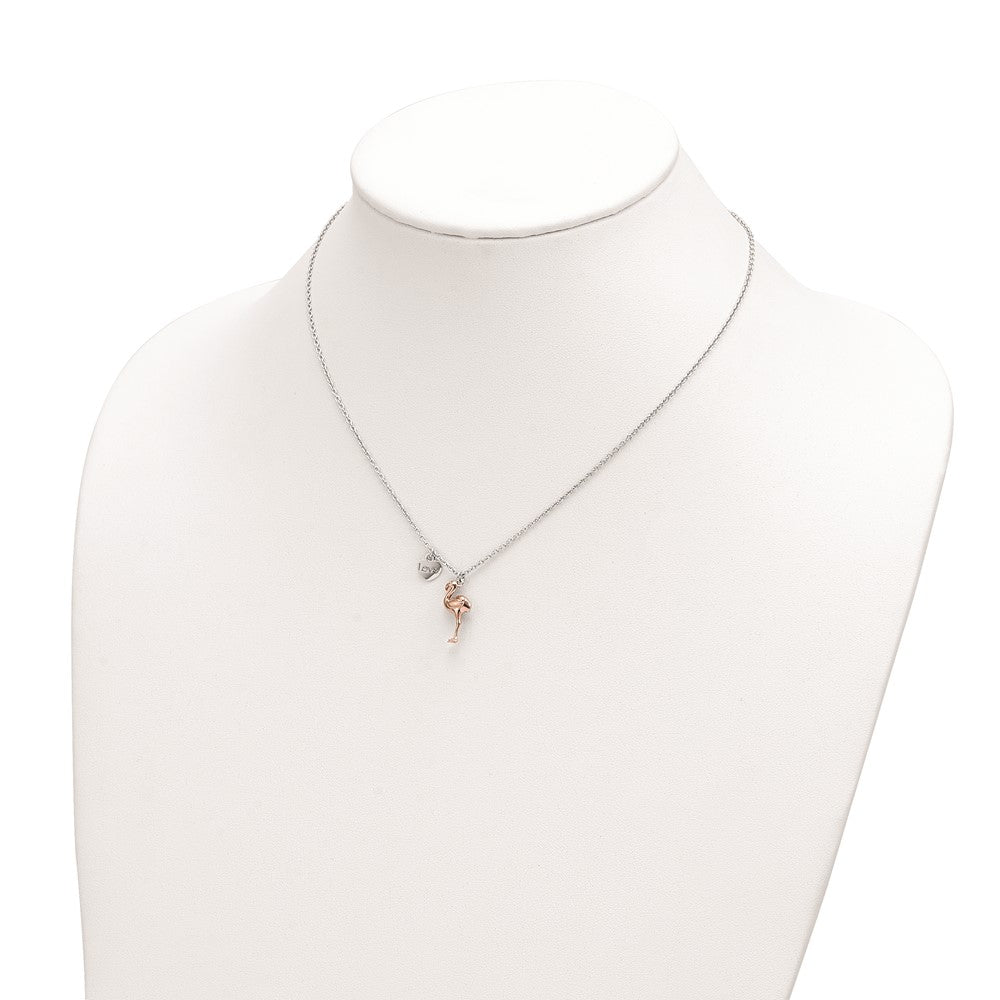 Ss/Rose Plated Sterling Silver Rhodium-Plated Rose-Plated Flamingo Heart 16.5 Inch With A 1 Extention Necklace