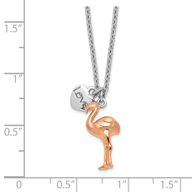 Ss/Rose Plated Sterling Silver Rhodium-Plated Rose-Plated Flamingo Heart 16.5 Inch With A 1 Extention Necklace