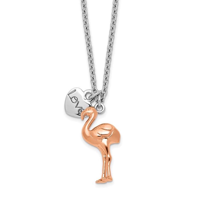 Ss/Rose Plated Sterling Silver Rhodium-Plated Rose-Plated Flamingo Heart 16.5 Inch With A 1 Extention Necklace
