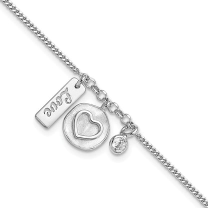 7 Inch Sterling Silver Rhodium-Plated Satin Heart Love Cz With .5In Ext Bracelet