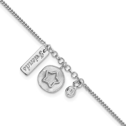7 Inch Sterling Silver Rhodium-Plated Satin Star Friends Cz With .5In Ext Bracelet