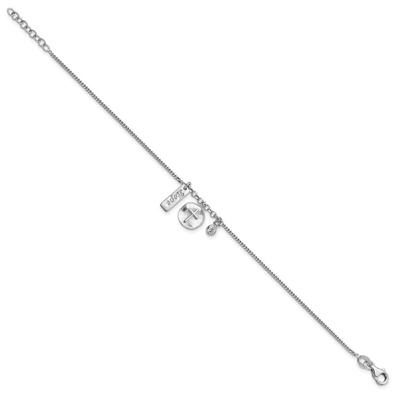 7 Inch Sterling Silver Rhodium-Plated Satin Cross Hope Cz With .5In Ext Bracelet