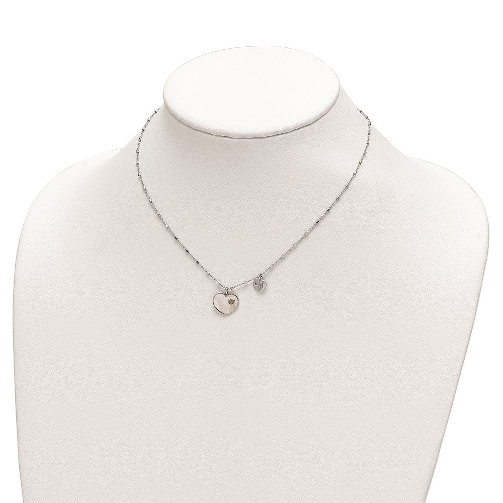 Sterling Silver Rhodium-Plated Mother Of Pearl Heart W/1 In Ext Necklace