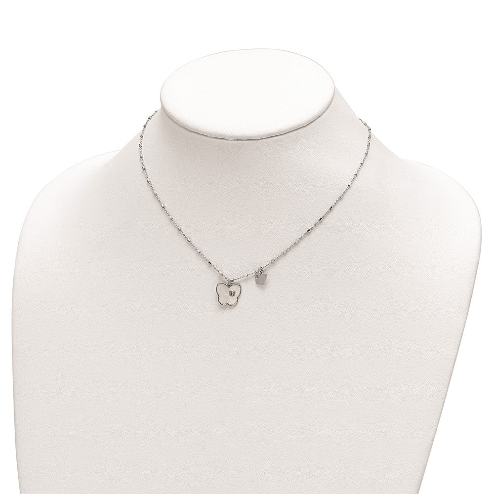 Sterling Silver Rhodium-Plate Mother Of Pearl Butterfly W/1In Ext Necklace