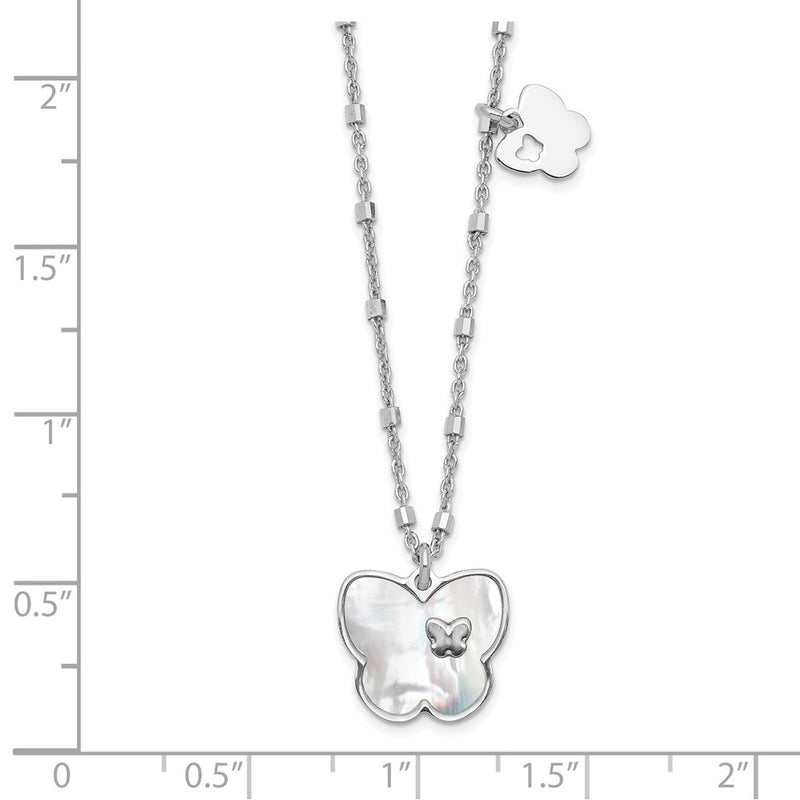 Sterling Silver Rhodium-Plate Mother Of Pearl Butterfly W/1In Ext Necklace