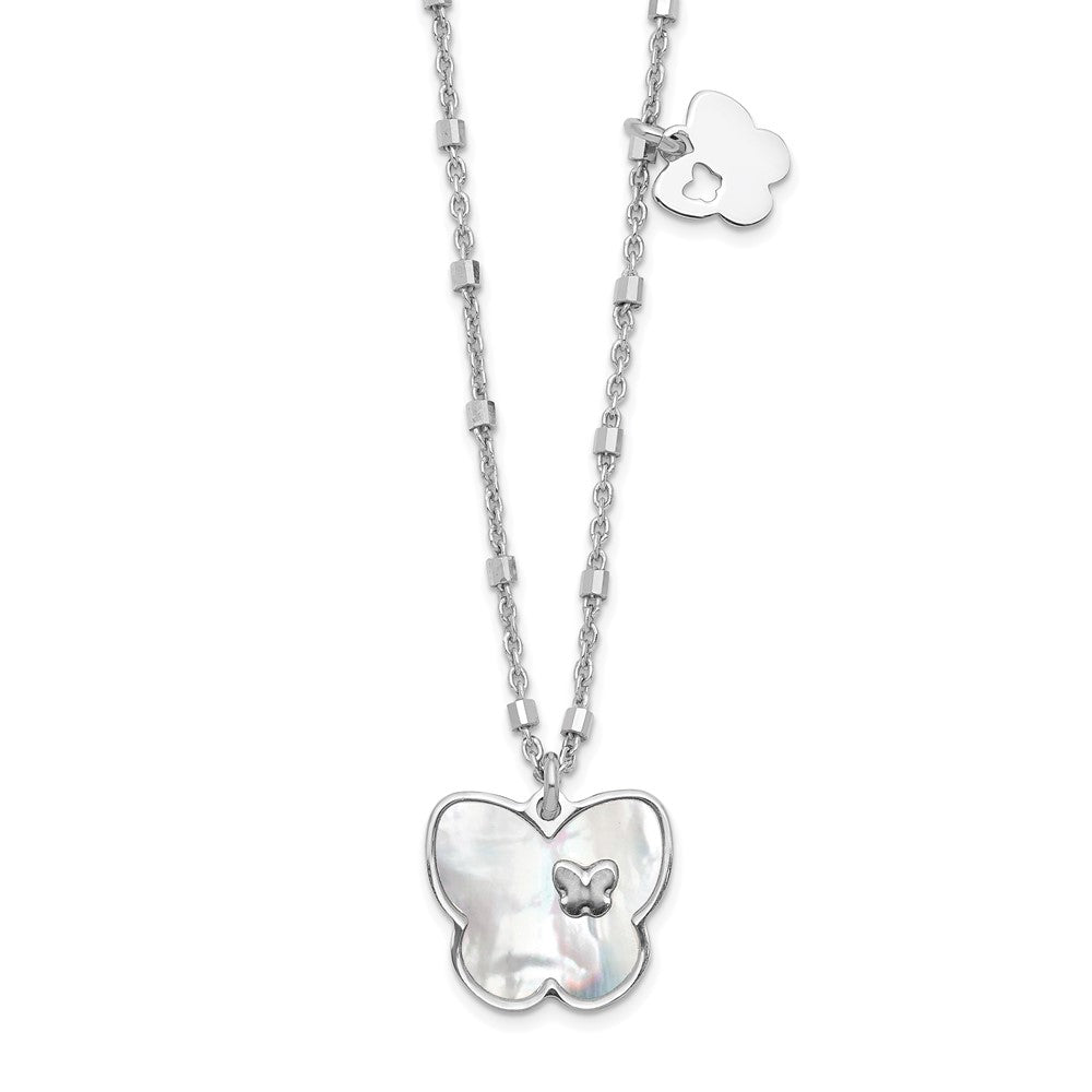 Sterling Silver Rhodium-Plate Mother Of Pearl Butterfly W/1In Ext Necklace