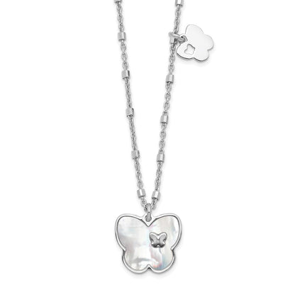 Sterling Silver Rhodium-Plate Mother Of Pearl Butterfly W/1In Ext Necklace