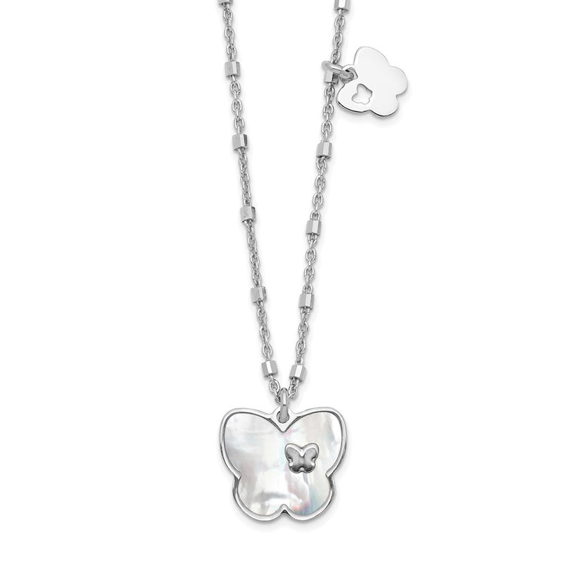 Sterling Silver Rhodium-Plate Mother Of Pearl Butterfly W/1In Ext Necklace