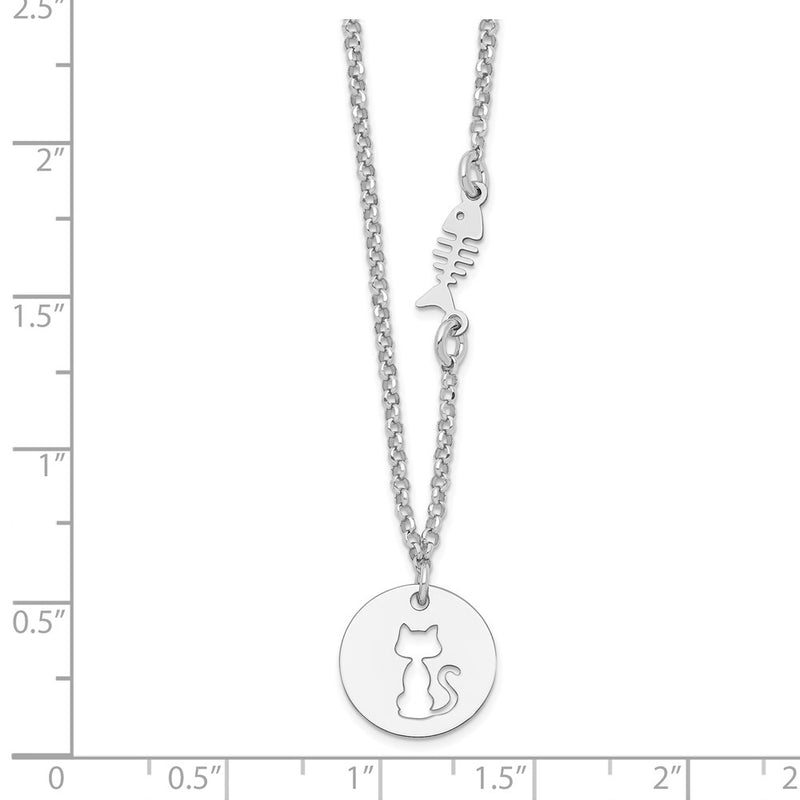 Sterling Silver Rhodium-Plated Kitty And Fish W/1 In Ext Necklace
