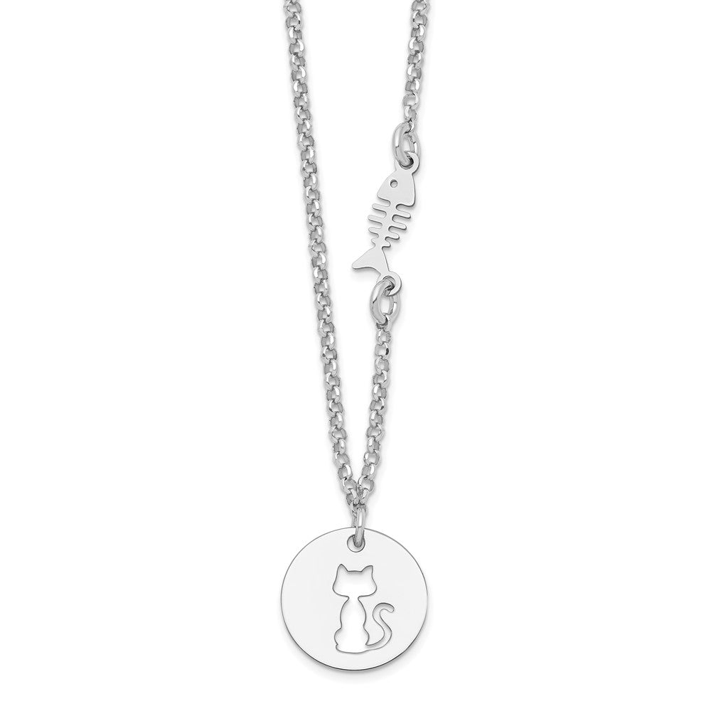Sterling Silver Rhodium-Plated Kitty And Fish W/1 In Ext Necklace
