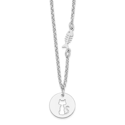 Sterling Silver Rhodium-Plated Kitty And Fish W/1 In Ext Necklace
