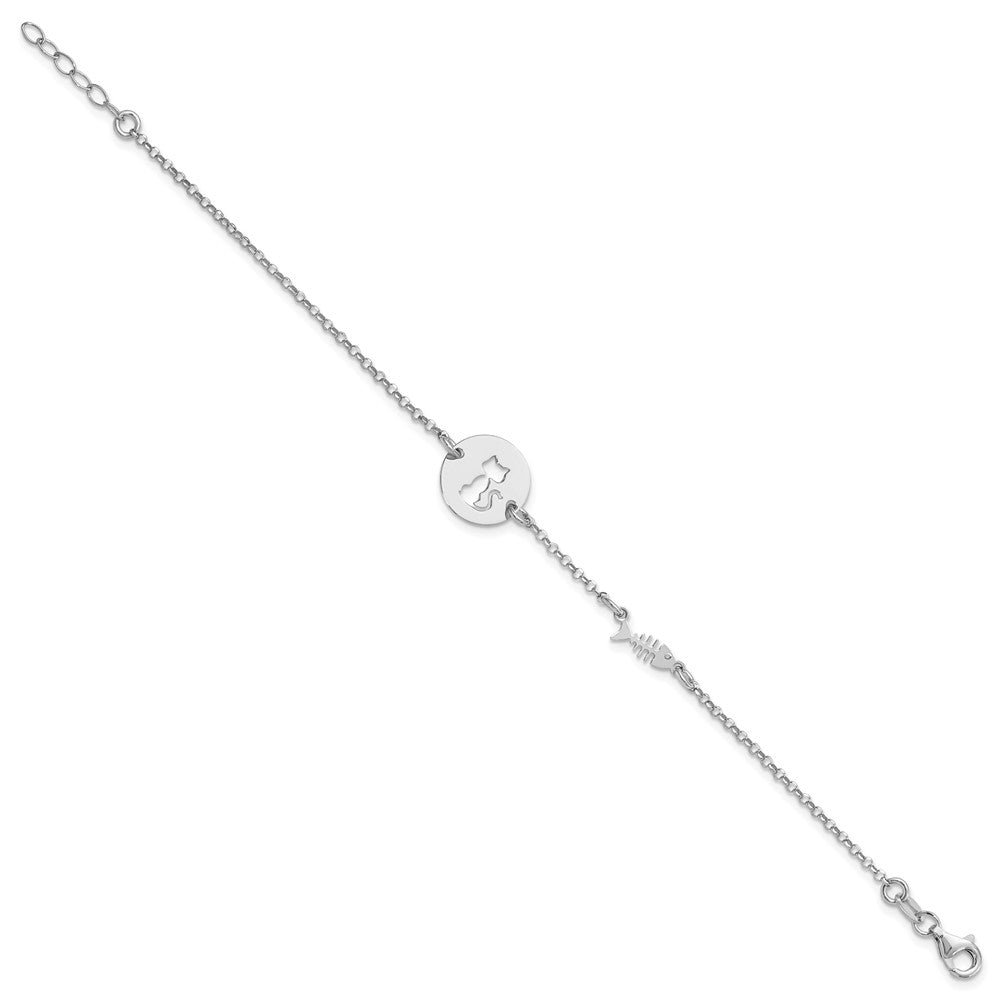 7 Inch Sterling Silver Rhodium-Plated Kitty And Fish W/.5 In Ext Bracelet