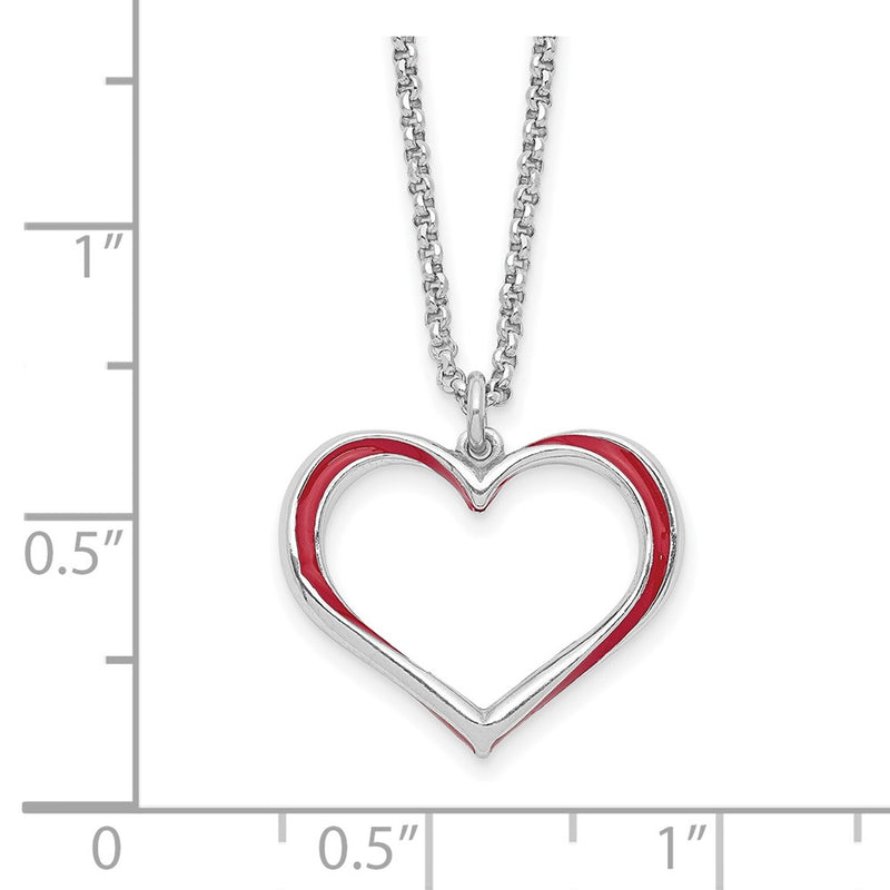 Sterling Silver Rhodium Plated Red Enamel Heart Adjustable 16 Inch Necklace With1 Extension