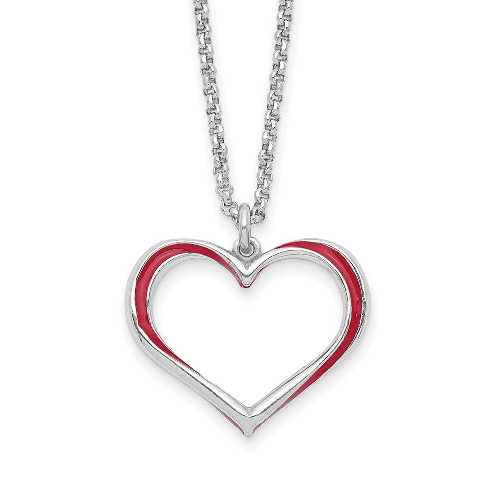 Sterling Silver Rhodium Plated Red Enamel Heart Adjustable 16 Inch Necklace With1 Extension