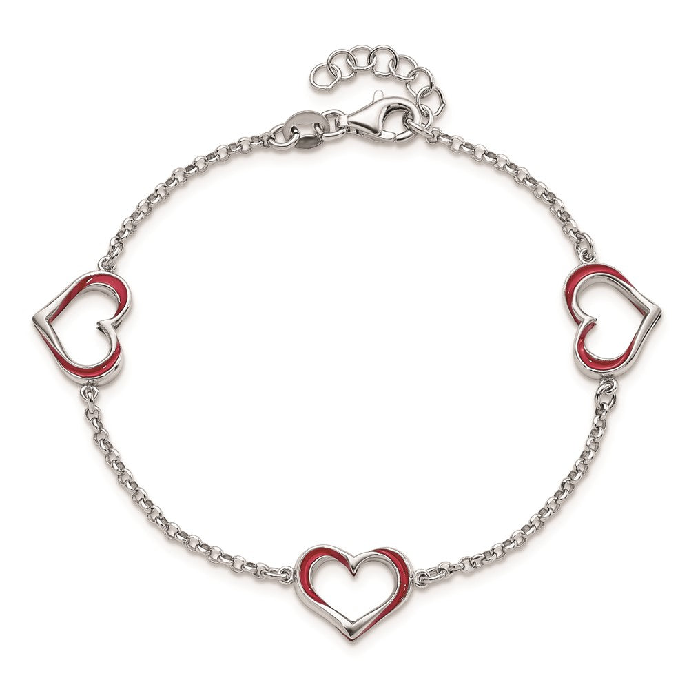 7 Inch Sterling Silver Rhodium-Plated Red Enamel 3-Heart W/.5 In Ext Bracelet