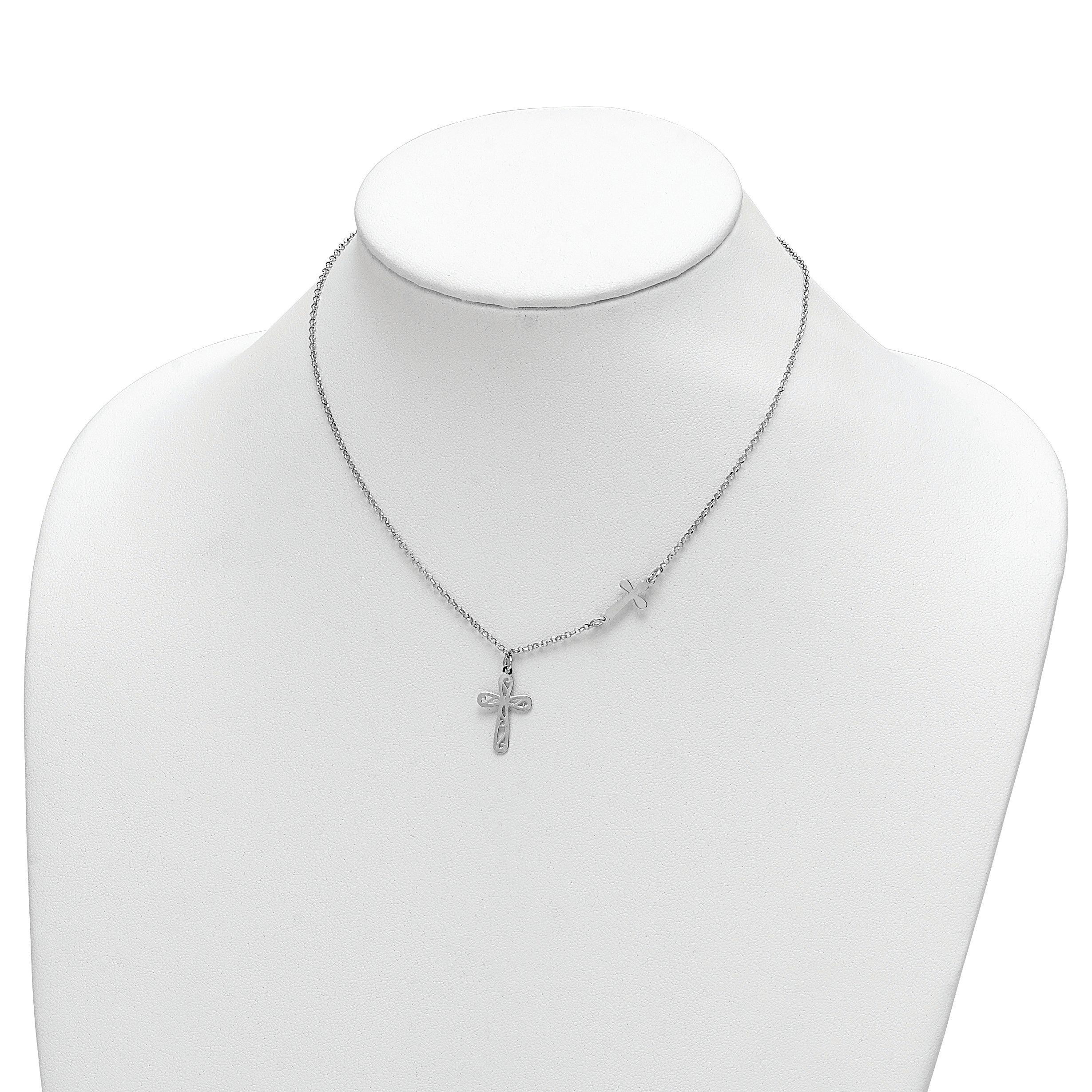 Sterling Silver Rhodium-Plated 2-Cross W/1 In Ext Necklace
