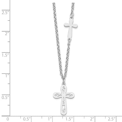 Sterling Silver Rhodium-Plated 2-Cross W/1 In Ext Necklace