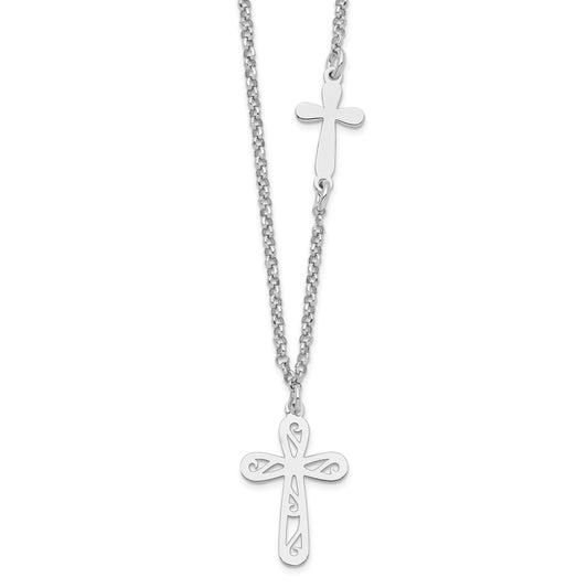 Sterling Silver Rhodium-Plated 2-Cross W/1 In Ext Necklace