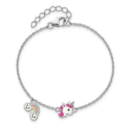 6.75 Inch Sterling Silver Rhodium-Plated Polished & Multi-Color Enameled Unicorn Rainbow With 1 Extension Children'S Bracelet
