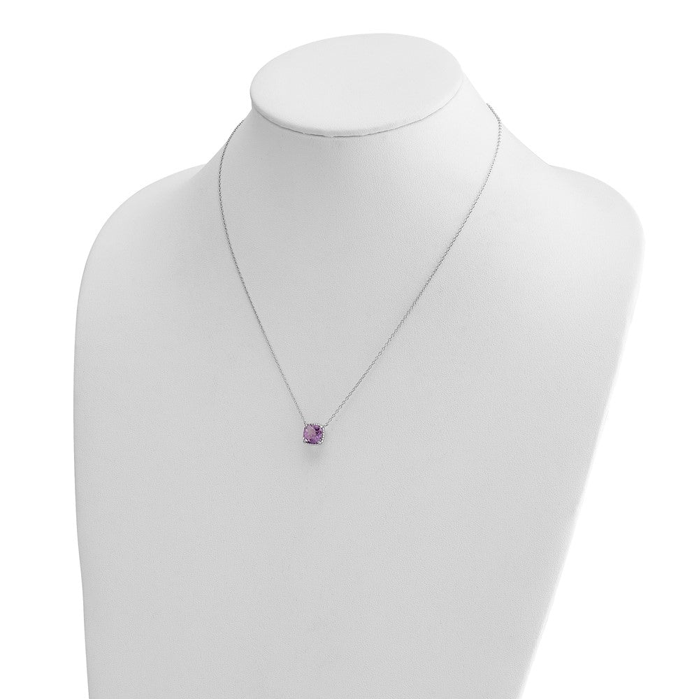 Sterling Silver Rhodium-Plated Square Amethyst W/2 In Ext. Necklace