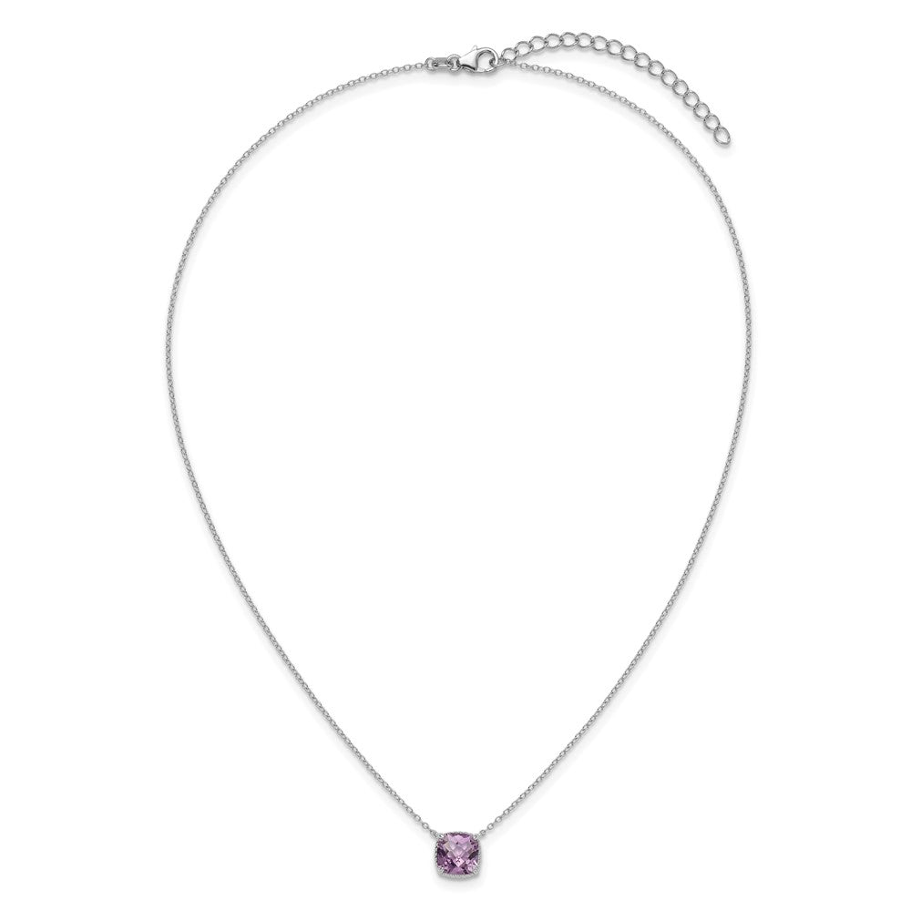 Sterling Silver Rhodium-Plated Square Amethyst W/2 In Ext. Necklace