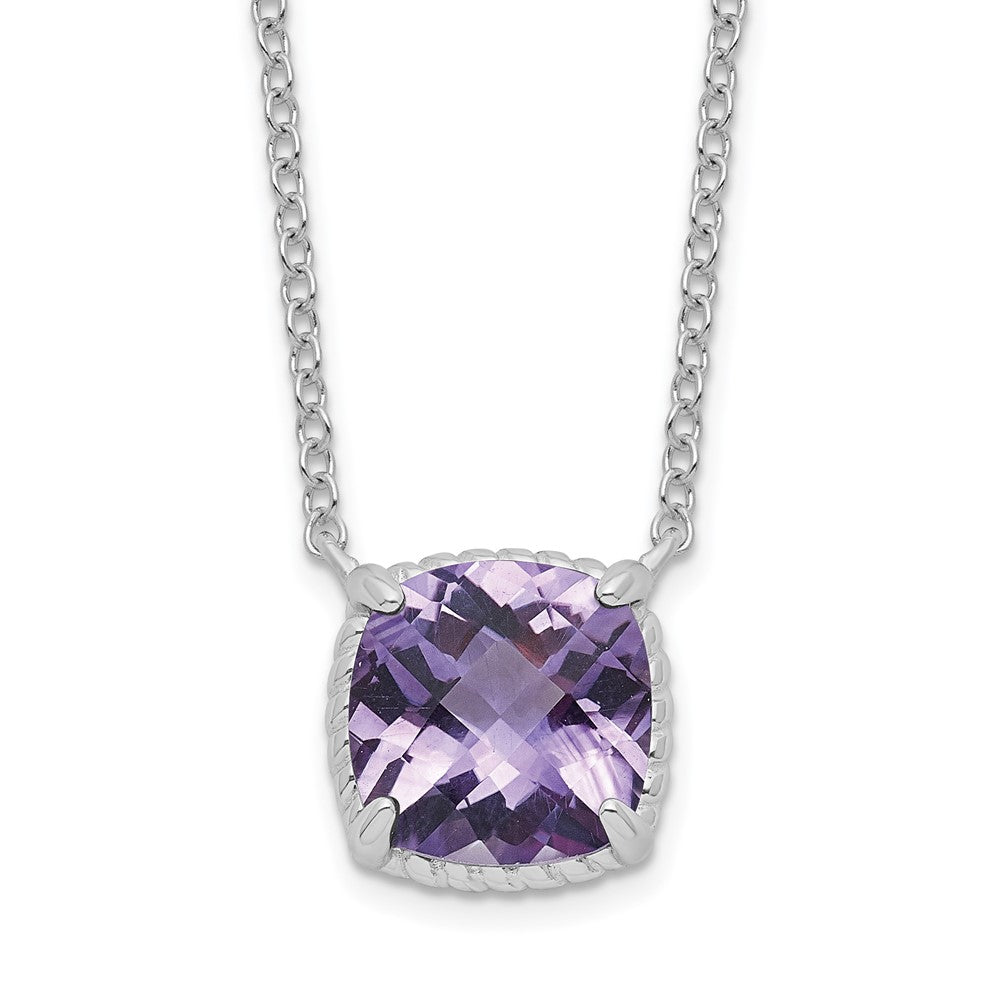 Sterling Silver Rhodium-Plated Square Amethyst W/2 In Ext. Necklace