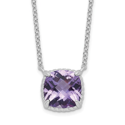 Sterling Silver Rhodium-Plated Square Amethyst W/2 In Ext. Necklace