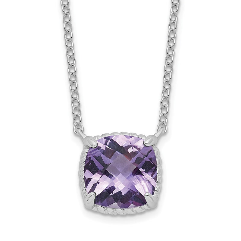Sterling Silver Rhodium-Plated Square Amethyst W/2 In Ext. Necklace