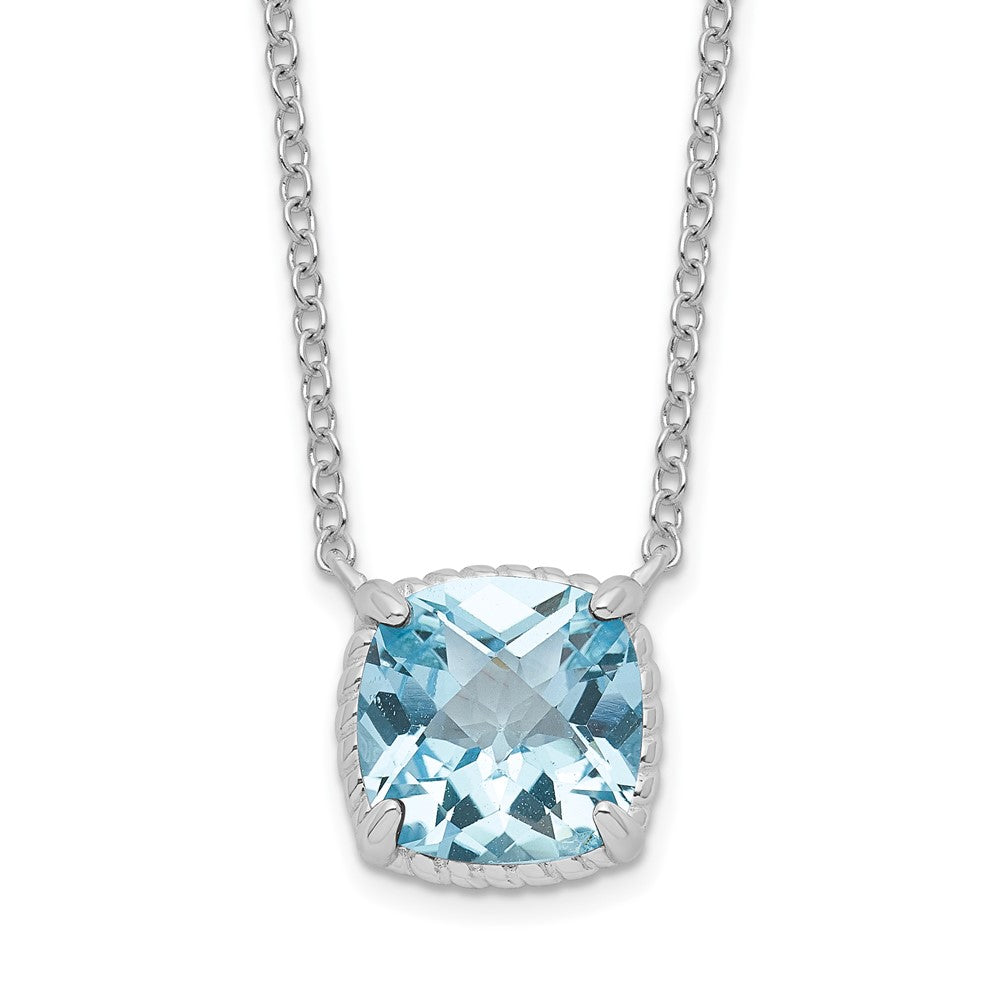 Sterling Silver Rhodium-Plated Square Blue Topaz W/2 In Ext. Necklace
