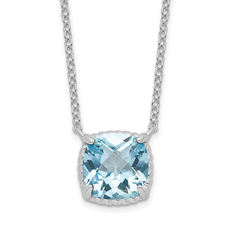 Sterling Silver Rhodium-Plated Square Blue Topaz W/2 In Ext. Necklace