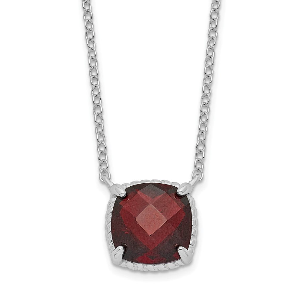 Sterling Silver Rhodium-Plated Square Garnet W/2 In Ext. Necklace