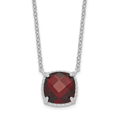 Sterling Silver Rhodium-Plated Square Garnet W/2 In Ext. Necklace