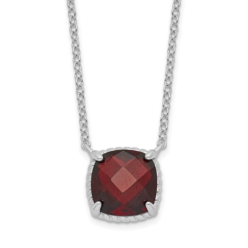 Sterling Silver Rhodium-Plated Square Garnet W/2 In Ext. Necklace