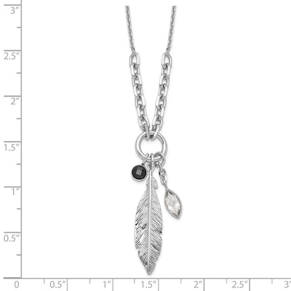 Sterling Silver Rhodium-Plated Feather And Cz W/1 In Ext Necklace