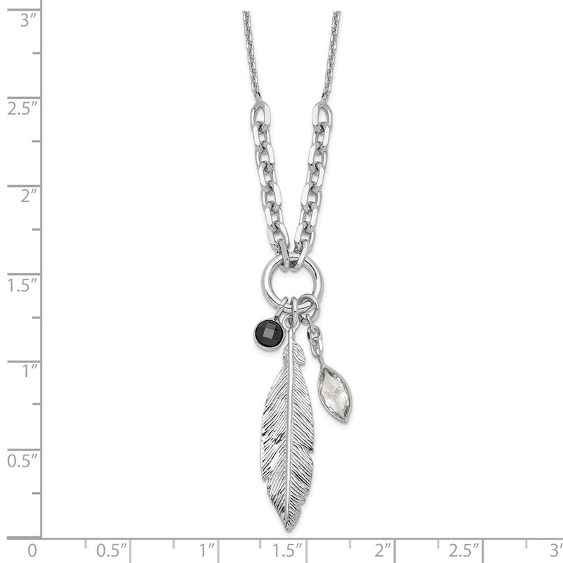 Sterling Silver Rhodium-Plated Feather And Cz W/1 In Ext Necklace