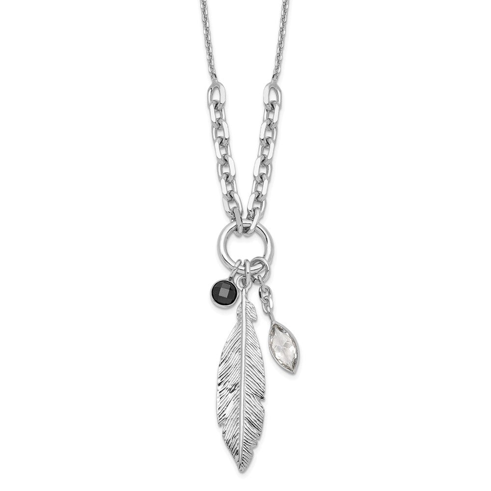 Sterling Silver Rhodium-Plated Feather And Cz W/1 In Ext Necklace